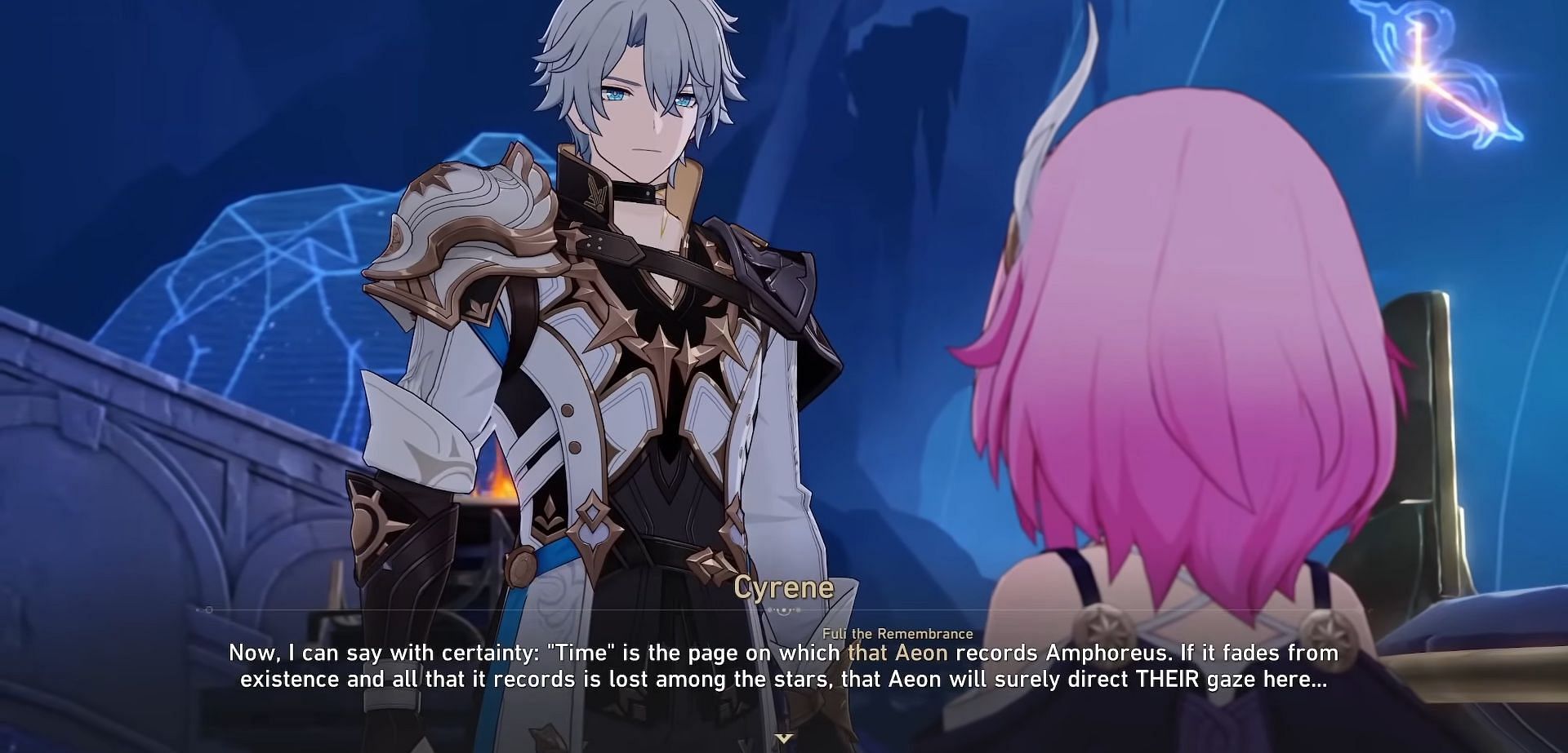 Cyrene is planning to direct the gaze of the Aeon of Remembrance on Amphoreus (Image via HoYoverse)